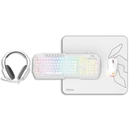 Krom Pack Gaming Kenta - Kit 4 en 1 RGB con Teclado de Membrana Anti-Ghosting, Ratón 7200 DPI, Auriculares 50 mm y Alfombrilla Grande Blanco